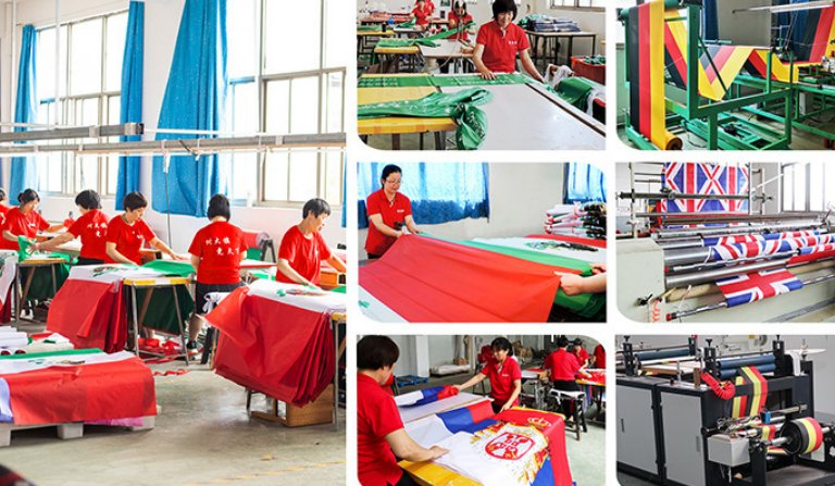 Workers hand-assembling jerseys and flags on the production floor