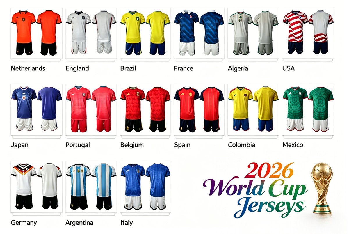 World Cup 2026 jersey lineup — Netherlands Argentina Brazil Portugal Mexico USA France England Germany Italy Spain Colombia Japan Belgium Algeria home and away kits 1:1 replica